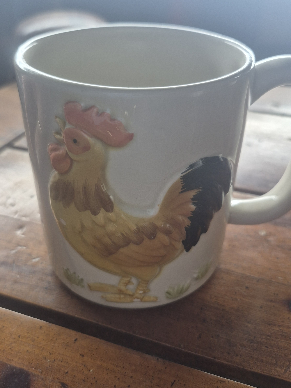 Otagiri White Ceramic Rooster Mug with Yellow, Black, and Pink Details 1981